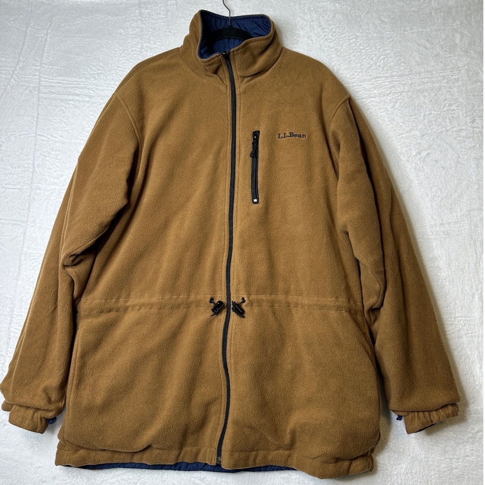 VNTG LL Bean Men Fleece Jacket Tan Reversible Quilted Full Zip L Tall Drawstring